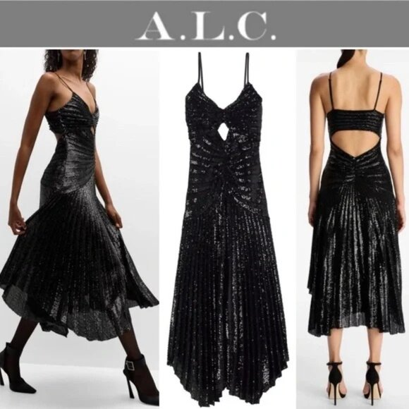 A.L.C Lou Black Sequin V Neck Keyhole Cutout Pleated Midi Dress Size 10 - Picture 1 of 15